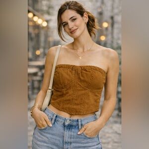 Free People Smocked Bandeau Tube Top Boho Mustard Linen Blend Strapless  S
